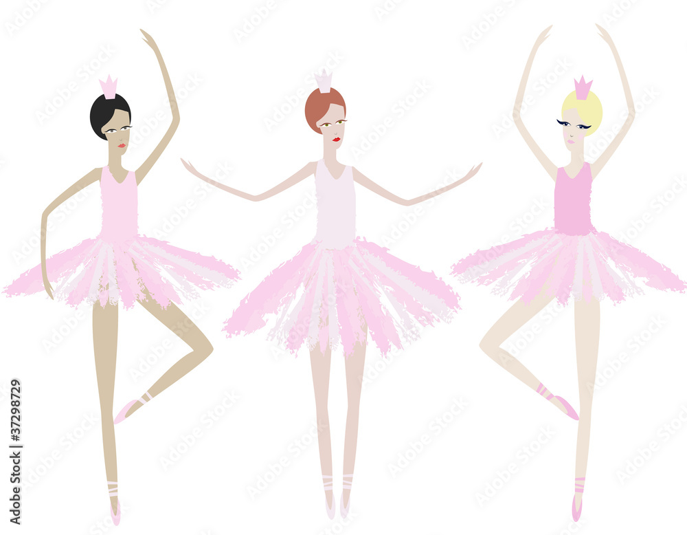 Fototapeta premium Trzy pełne wdzięku baleriny tańczą w identycznych sukienkach