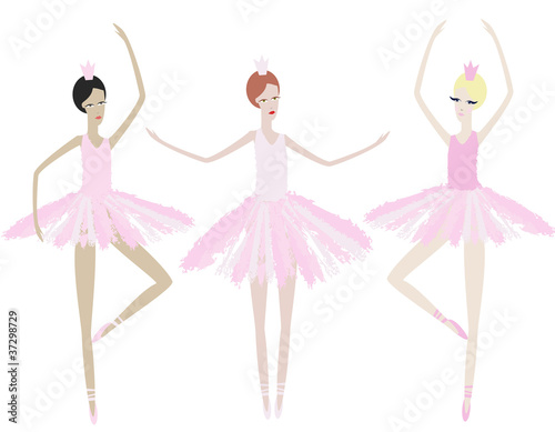 Three graceful ballerinas dance in identical dresses