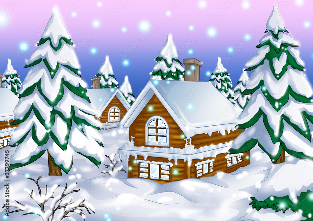 Illustration of houses during wintertime