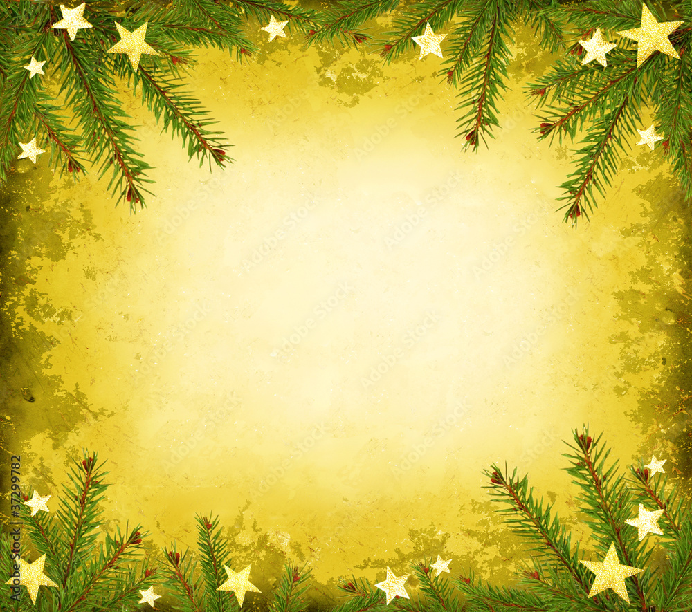 Christmas yellow grunge frame with spruce branches