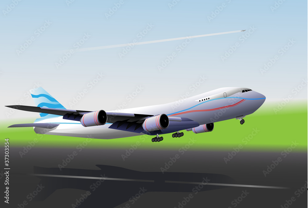 Plane flies up on blue, green background with runway