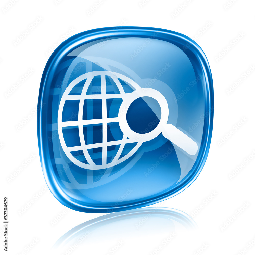 globe and magnifier icon blue glass, isolated on white backgroun globe and magnifier icon blue glass, isolated on white backgroun