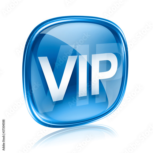 VIP icon blue glass, isolated on white background.