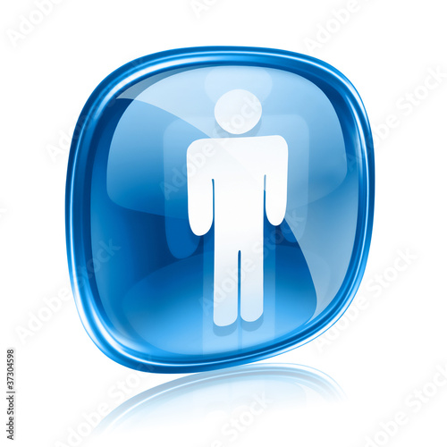 men icon blue glass, isolated on white background.