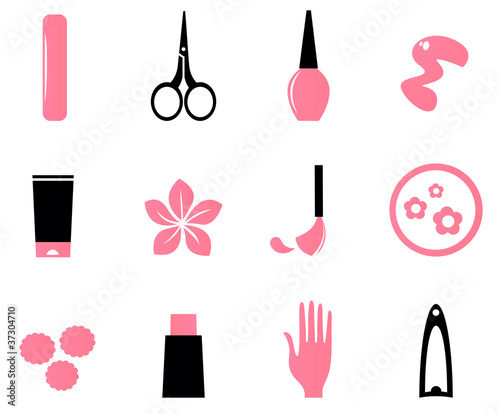Manicure, cosmetics and beauty icons isolate on white ( pink, bl