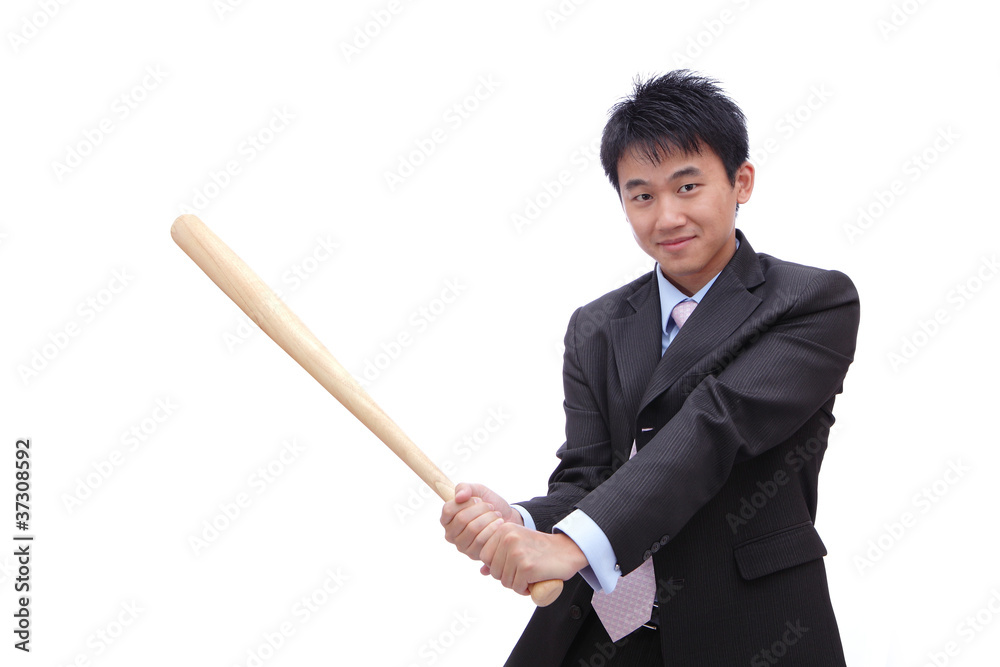 Business man holding baseball bat with friendly smile Business man holding baseball bat with friendly smile