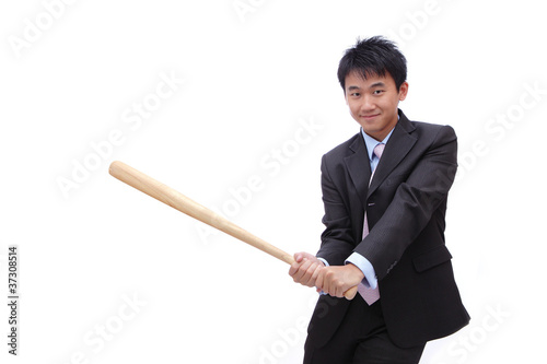 Business man holding baseball bat with friendly smile