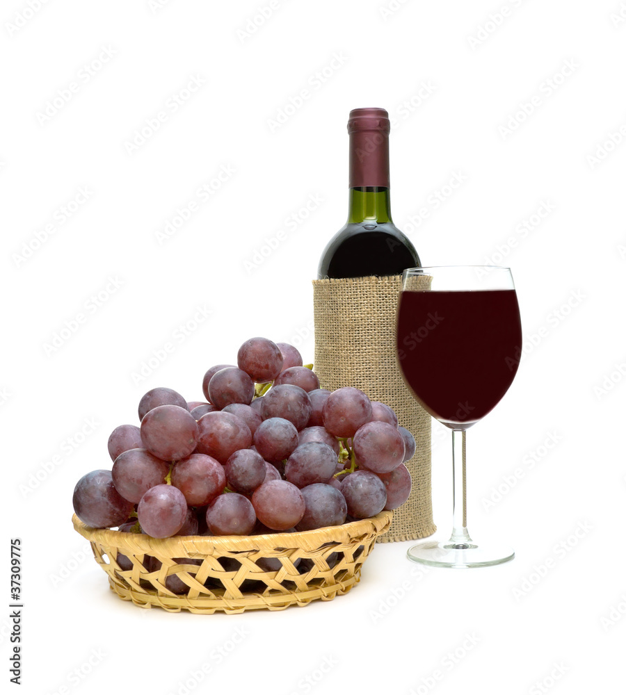 grapes and red wine on a white background
