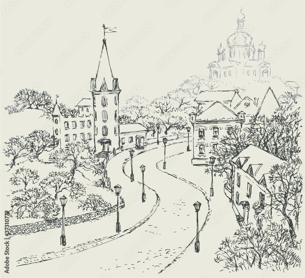 Vector Sketch of the city landscape of the old street
