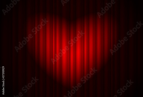 Stage with red curtain and spotlight great, heart-shaped