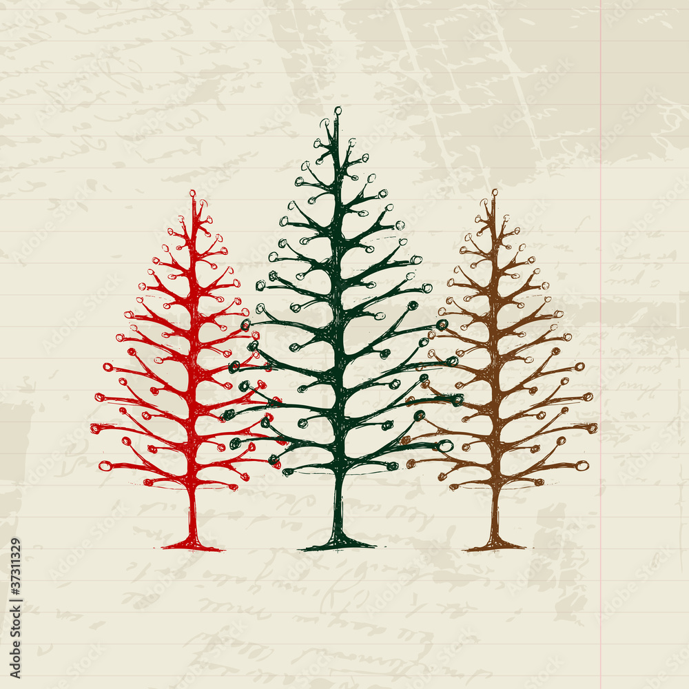 Sketch of christmas pines on sheet for your design