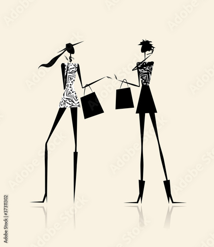Fashion girls with shopping bags, illustration for your design