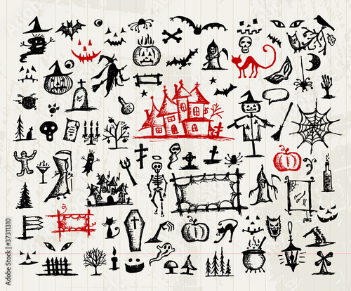 Sketch of halloween design elements