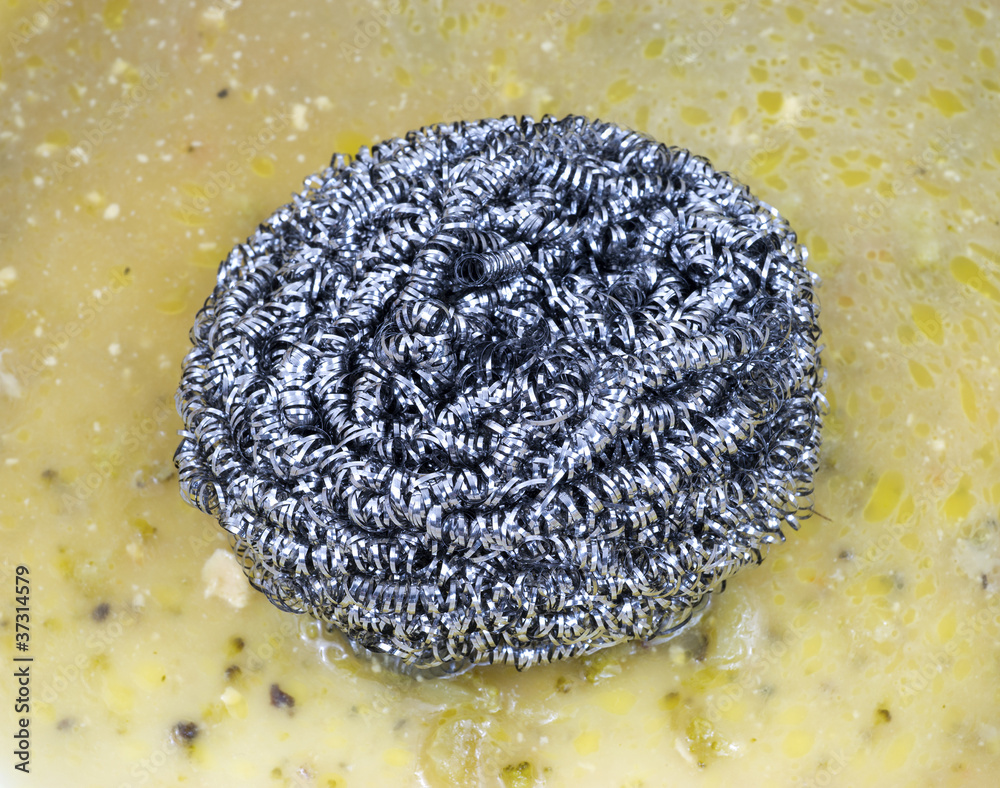 Steel scouring pad in greasy dish Steel scouring pad in greasy dish