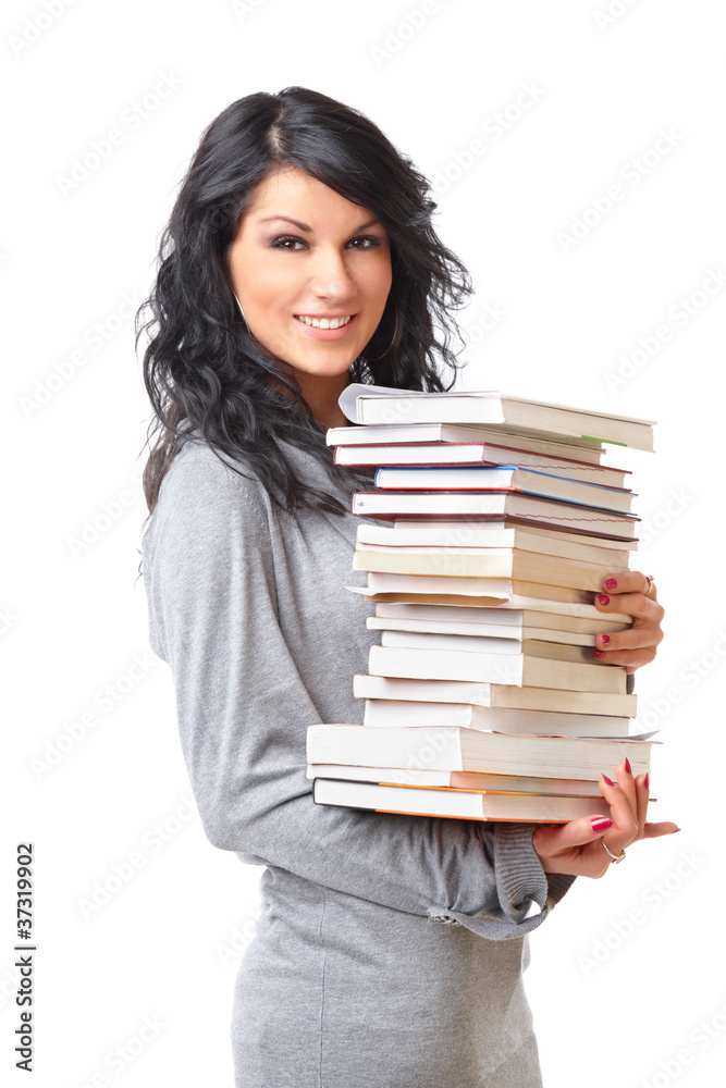 Beautiful young woman with stack of books on white background Beautiful young woman with stack of books on white background