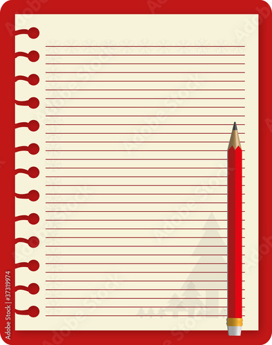 Notebook and pencil in red tone.