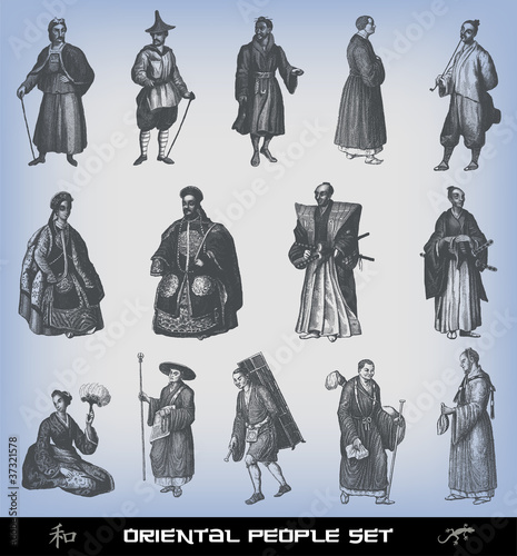 Engraving vintage Oriental people set.