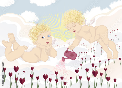 Couple of cute angels growing valentines on clouds