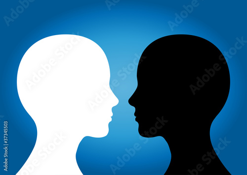 Two human heads. "Opposition" concept.