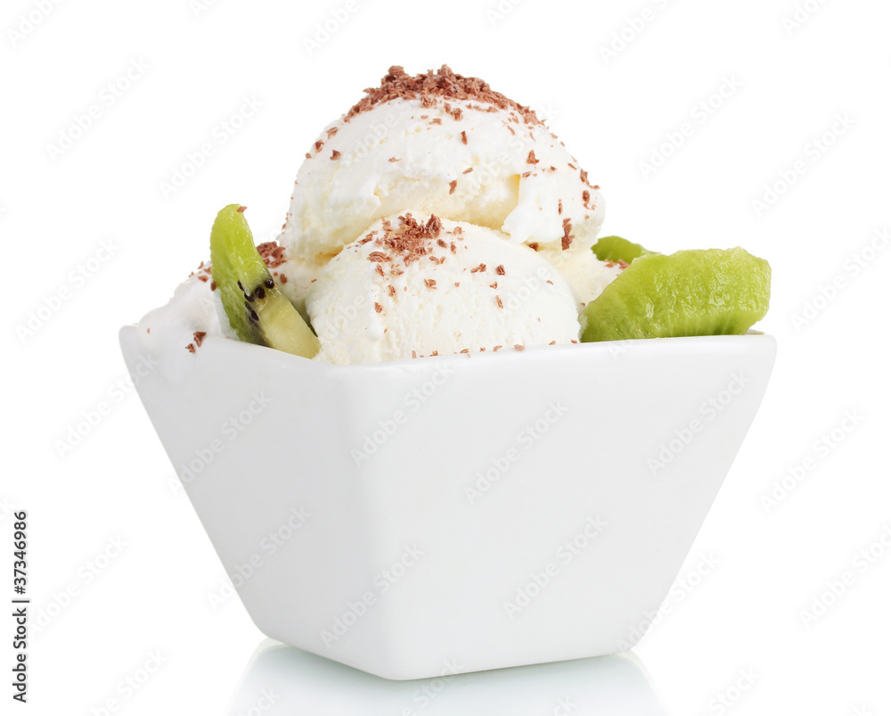 delicious vanilla ice cream with chocolate and kiwi in bowl delicious vanilla ice cream with chocolate and kiwi in bowl