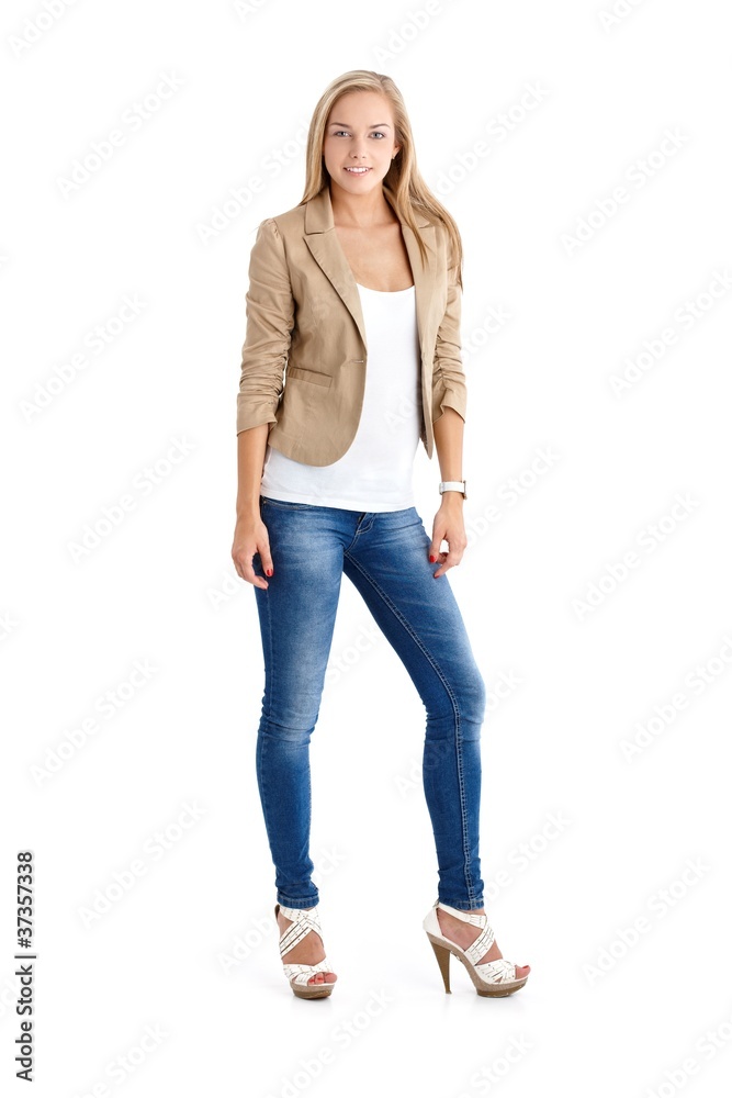 Attractive blonde teenager in trendy wear