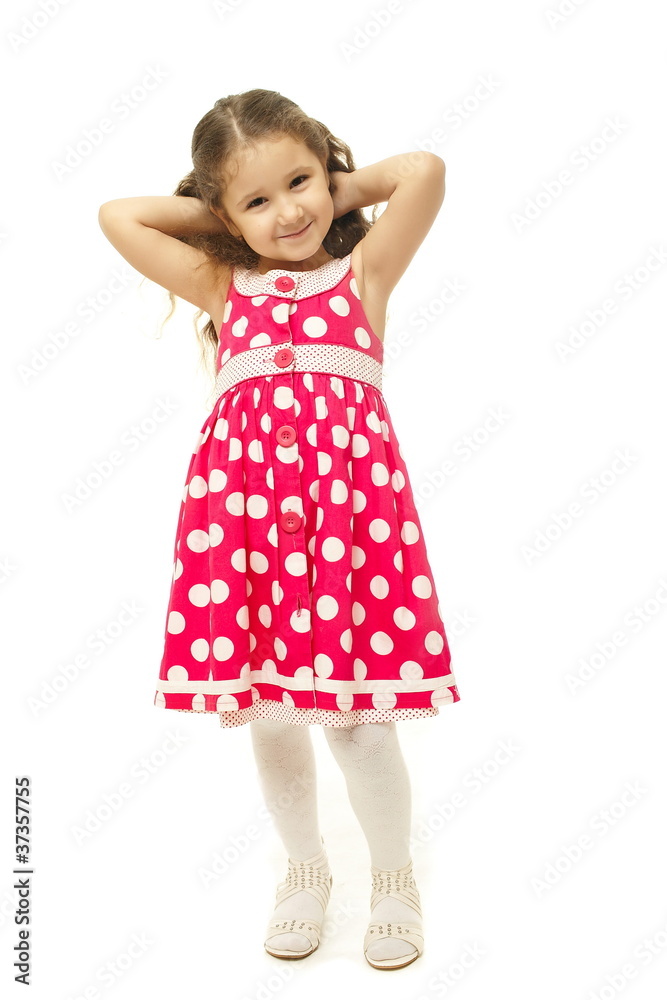 pretty little girl in pink dress on white background pretty little girl in pink dress on white background
