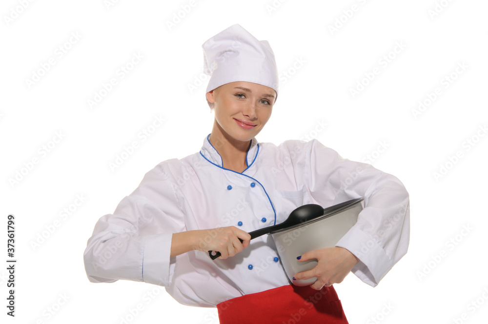 happy woman-cook with pan and spoon happy woman-cook with pan and spoon