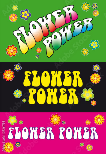 Three variations of FLOWER POWER lettering. Template with floral symbols on orange, black and pink background. Illustration. Vector.
