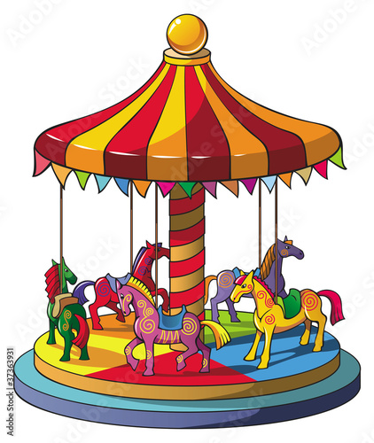 Children carousel with colorful horses, vector