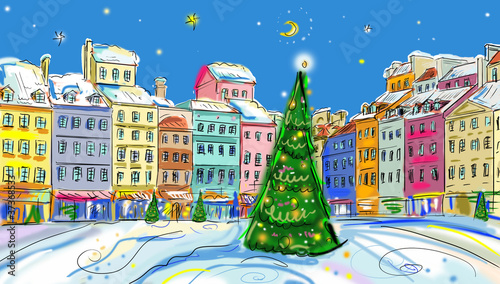 Photography Christmas vintage card with the urban landscape and snowfall