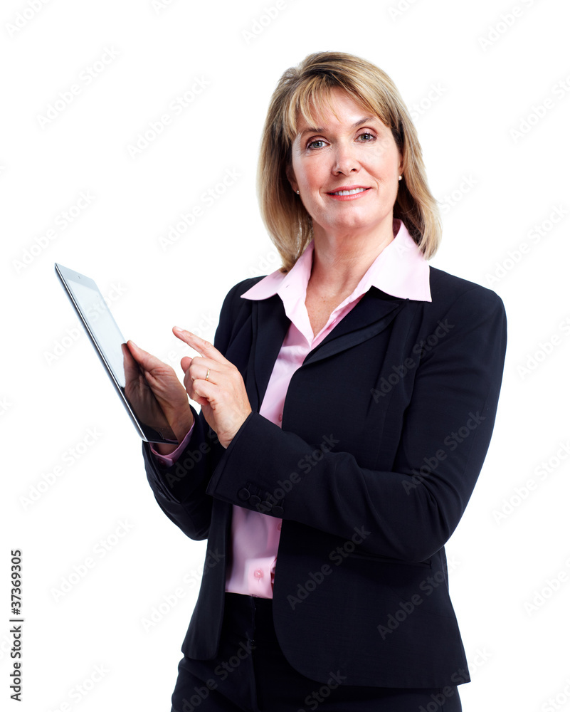 Smiling business woman with tablet computer.