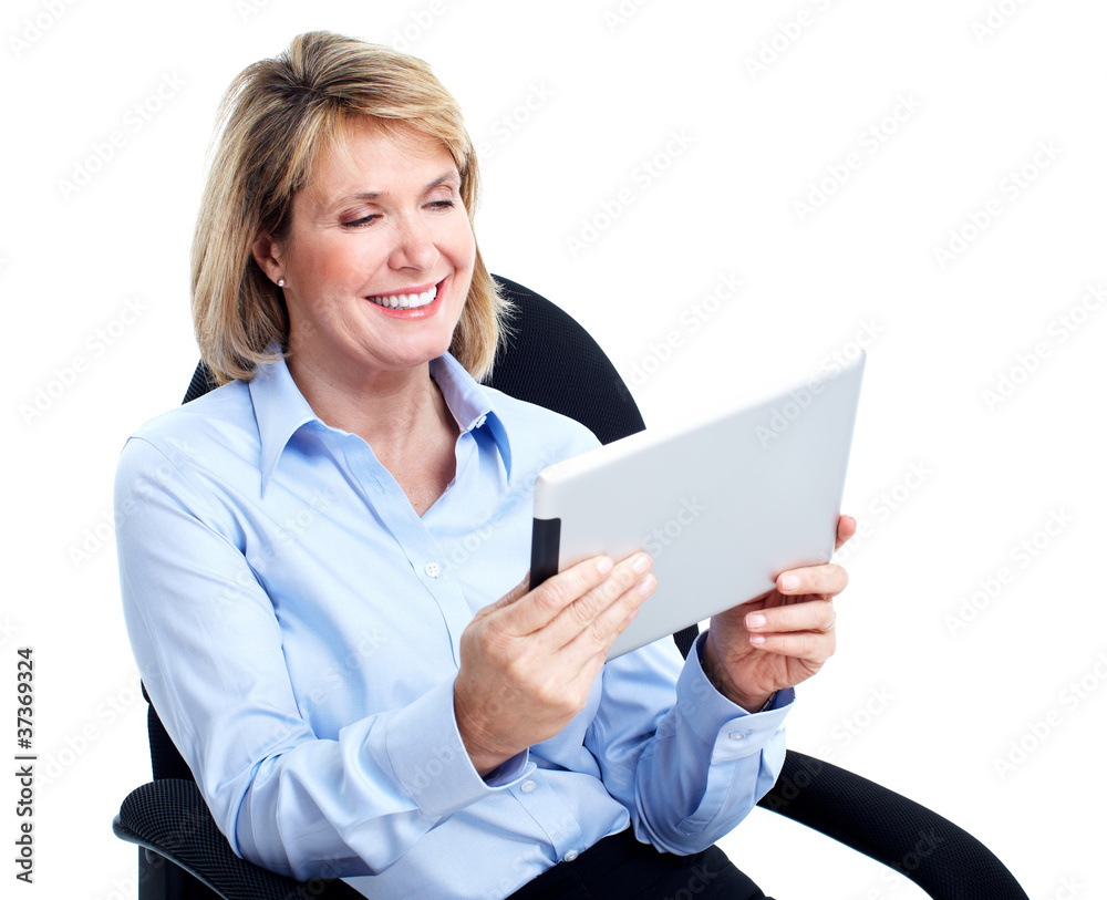 Smiling business woman with tablet computer. Smiling business woman with tablet computer.