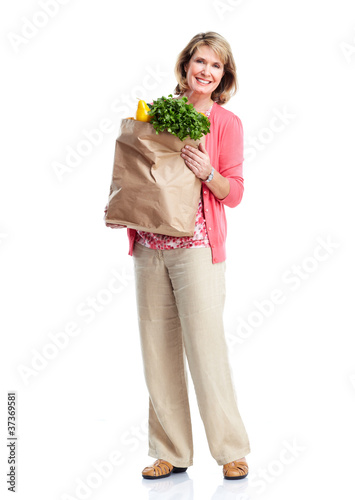 Senior woman with a grocery shopping bag.