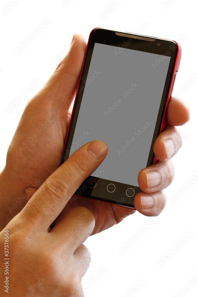 hand holding smart phone, finger touching the screen hand holding smart phone, finger touching the screen