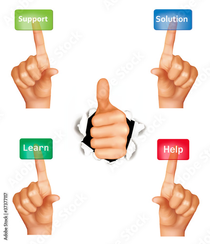 Set of hands pushing different buttons and thumb up.