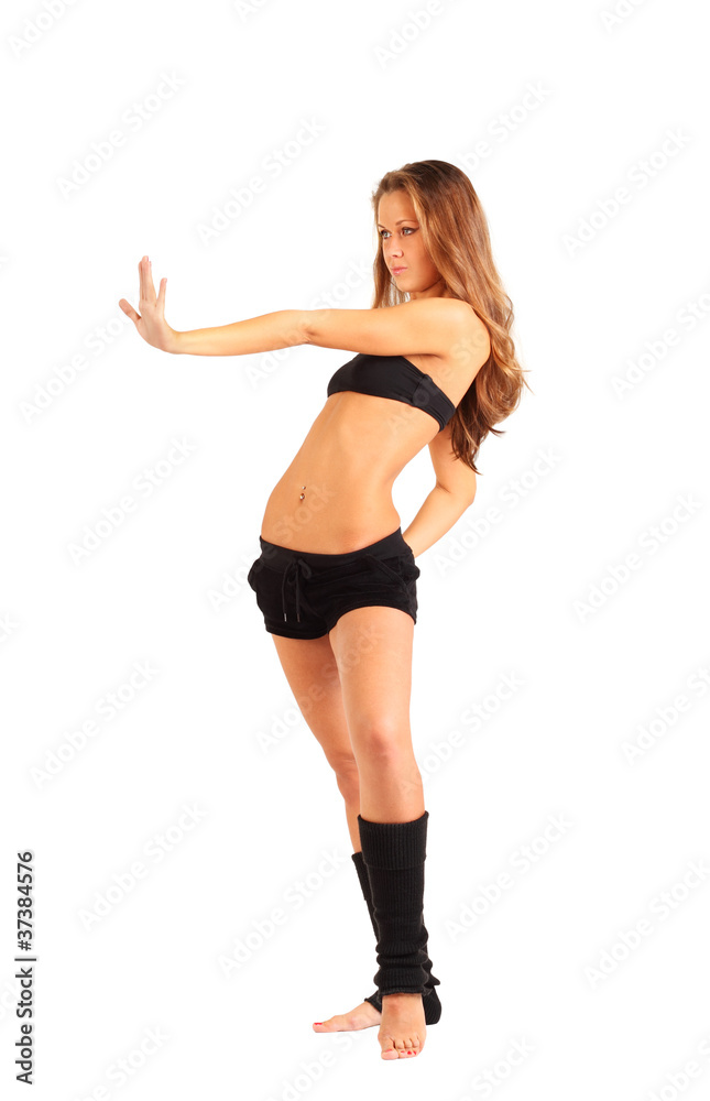 beautiful girl stands and pulls arm forwards isolated beautiful girl stands and pulls arm forwards isolated