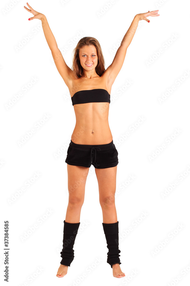 happy girl stretches out her arms up isolated on white