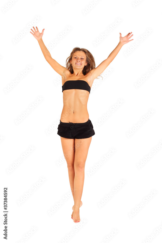 happy girl gracefully jumping up with raised arms isolated happy girl gracefully jumping up with raised arms isolated