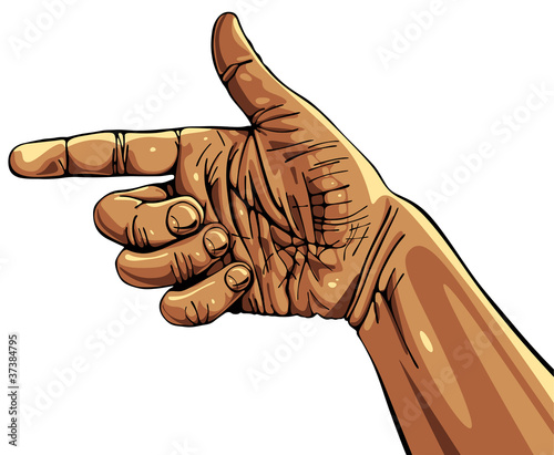 Pointing hand, wrist of manual worker.