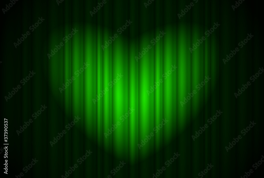 Stage with green curtain and spotlight great, heart-shaped