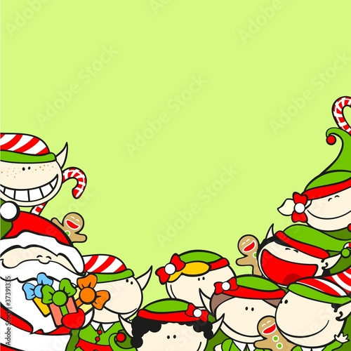 Christmas background with Santa Claus and elves