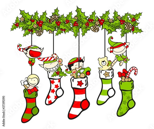 Christmas stockings filled with presents and elves