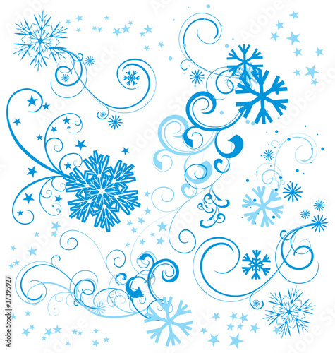 vector set of  blue snowflakes with flourishes and stars  on white background