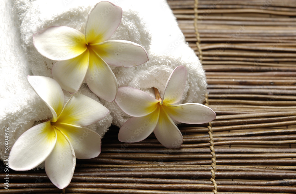 Roller towel with frangipani flower on bamboo stick straw mat Roller towel with frangipani flower on bamboo stick straw mat