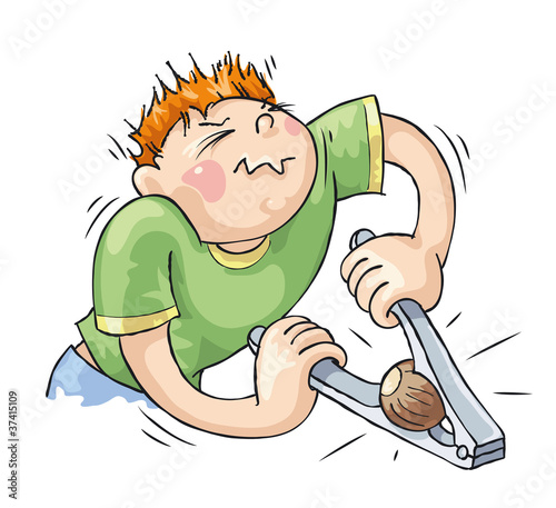 A strong man tries to crush the nut