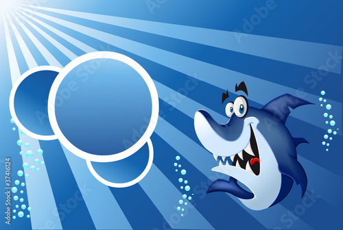 Photography Template with funny cartoon blue shark swimming in blue ocean