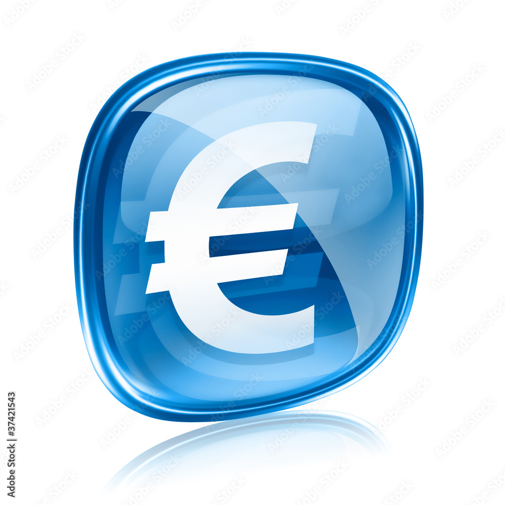 Euro icon blue glass, isolated on white background Euro icon blue glass, isolated on white background