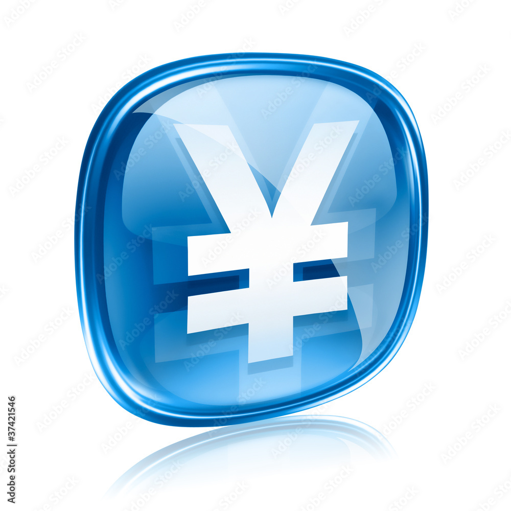 Yen icon blue glass, isolated on white background Yen icon blue glass, isolated on white background