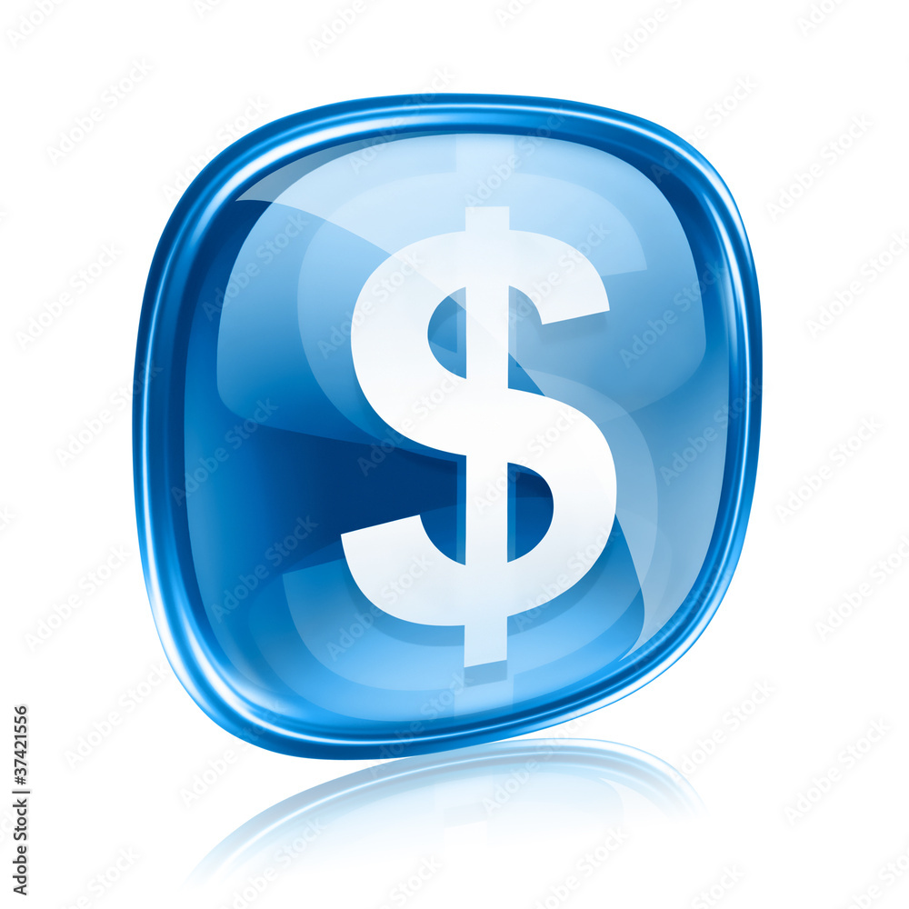 dollar icon blue glass, isolated on white background dollar icon blue glass, isolated on white background