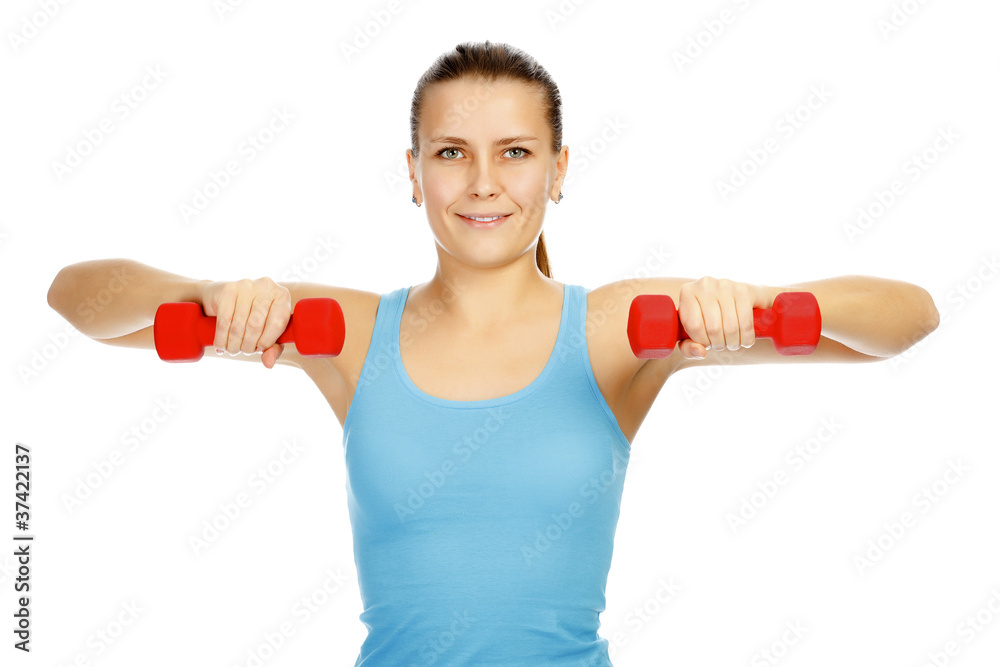Girl with barbells in front of white background Girl with barbells in front of white background